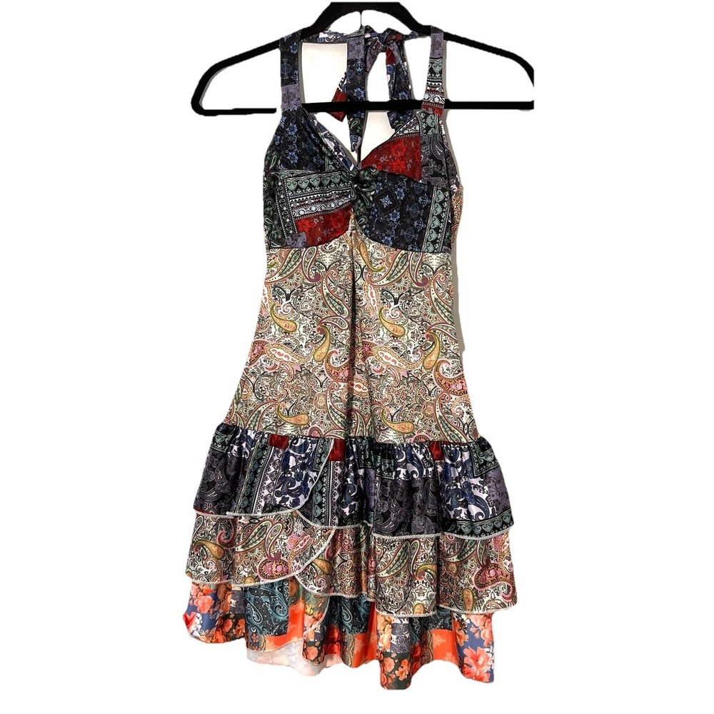 Y2k Paisley Babydoll Mini Dress‎ Size XS Joocy Babi Patchwork Tiered Ruffle Boho